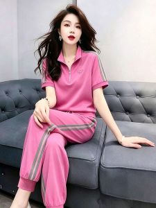 NUANPING | Light Luxury Style Summer Rose Red Half Zipper Short Sleeve Hoodie and Pants Set