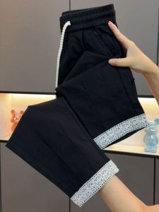 กางเกงขายาวทรงหลวมเอวสูงสำหรับผู้หญิง ผ้าไหมน้ำแข็ง แห้งเร็ว ทรงสลิมฟิต ทรงฮาเร็ม กางเกงขายาวทรงเก้าส่วน ทรงลำลอง สำหรับฤดูร้อน