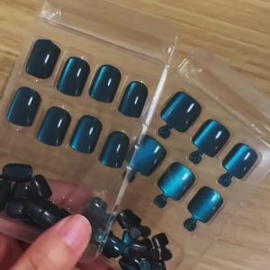 48Pcs Blue Cat Eye Press On Fingernail&Toenail Set Short Square Fake Hand Foot Nails for Summer Wearable False Toe Feet Nails TD
