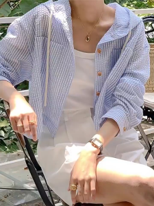 Hooded Korean Striped Long Sleeve Shirt Blouse for Women Loose Fit Casual Top