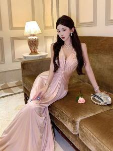 Elegant French Style Pink Knot V-Neck Dress Womens Gown Noble Lady Elegant Birthday Ball Long Dress Polyester Fiber