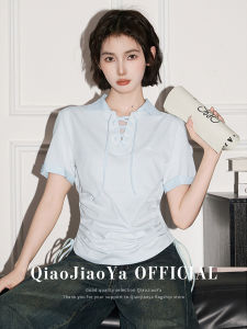 Blue Polo Neck Short Sleeve T-Shirt Womens Summer Design Sense Drawstring Waist Cinching Short Length Half Sleeve Top