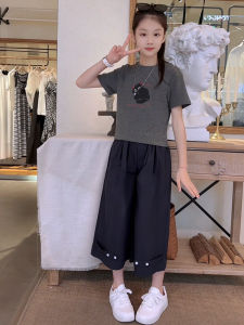 Girls Summer Outfit Set Cartoon Print Nine-Foot Pants Two-Piece Set Lightweight Breathable Casual Style Childrens Clothing