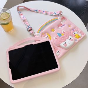 【Hot】Portable Telescopic Bracket Colorful Rainbow Unicorn Silicone Tablet Protective CaseFor iPad mini 1/2/3/4/5/6/75/6/Air1/2/Pro7/8/9/10/A16Air3/ProAir4/5Pro 1/2/3/4Air M2/M3Pro M4 Series