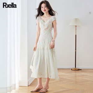 puella | Summer Lace and Floral Stitched Dress Tea-style Elegant Waist-contracting Long