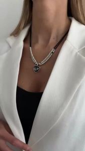 Ingemark Trend Shiny Acrylic Rhinestone Heart Pendant Necklace Women Retro Stacked Leather Rope Chain Beads Choker Necklace Gift