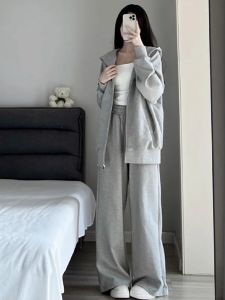 Loose Womens Zipper Hoodie Korean Style Long Sleeve round Neck Sweatshirt Polyester Spandex Spring Autumn Winter Unique Top Coat