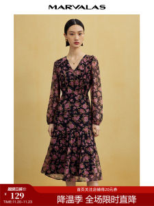 Romantic V-Neck Printed Long Sleeve Midi Dress A-Line Skirt Chiffon Fabric Gathered Waist Autumn New Arrival Womens Dress