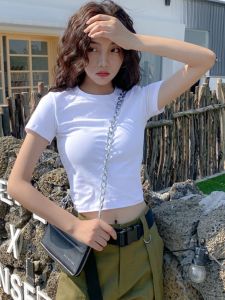 White Crop Top Women's Short Sleeve Tight Fit High Waist Design Korean Style Round Neck T-Shirt Summer Fashion Casual Cotton Blend