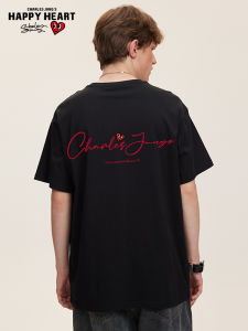 CHARLES JANGS HAPPY HEART | Cotton Heavyweight Letter Print Mens Casual Loose Fit T-Shirt for Couples