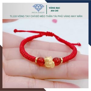 Vòng tay mèo thần tài phủ vàng dây chỉ đỏ may mắnVàng bạc an chi