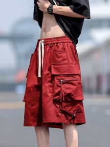 Japanese Style Mens Workwear Shorts Summer Street Style Casual Loose Multi-Pocket Five-Quarter Length Breathable Flat Front