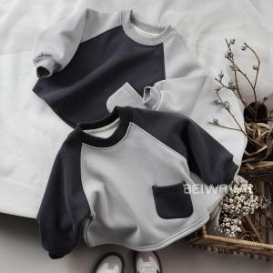 Korean Style Fleece Lined Casual Sweatshirt for Kids Baby Boys Loose Fit Warm Shoulder Sleeve Insert T-Shirt Autumn Winter Wear