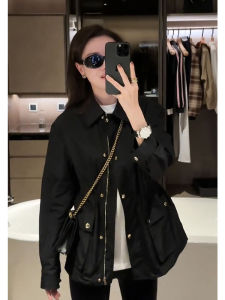 Black Jacket Outerwear Small Size Fashion Unique Elegant Style Autumn Winter High Quality Satin Wind Korean Loose Fit Coat