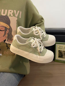 Womens Canvas Shoes Soft Bottom Thick Heel Green Matcha Versatile Cross Buckle Spring 2025 Low Cut round Toe Pure Color