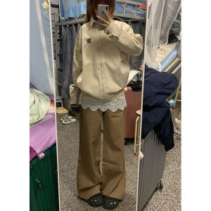 กางเกงยีนส์ทรงหลวมขาตรงเอวสูงสไตล์ย้อนยุคแบบอเมริกันสำหรับผู้หญิง กางเกงขายาวทรงหลวมสีกรมท่า กางเกงขายาวทรงตรง