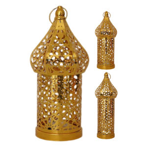 Vintage Gold Metal Candle Lantern Hollow-Out Design Eid Mubarak Decorative Lamp for Islamic Home Decor Muslim Gift