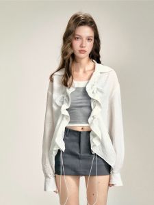 White Polo Collar Long Sleeve Womens Shirt Casual Loose Style Sun Protection Top Fashionable Versatile Summer New Arrival