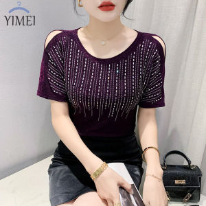 ผลิตภัณฑ์เสื้อเชื้อ YIMEI สำหรับผู้หญิง 2023 ร่วมมืดเปิดไหล่คอกลมดี ระยับสวยงามสำหรับผู้หญิง
