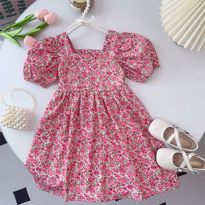 Bear Leader | Summer New Girls Casual Floral Print Puff Sleeve Square Neck Princess Dress 1 Pc 3-7 Years Children Fashion Sweet Clothing