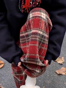 Red Christmas Plaid Woolen Pants Womens Spring Autumn Winter Korean Style Lazy Loose Straight Leg Casual Walking Trousers