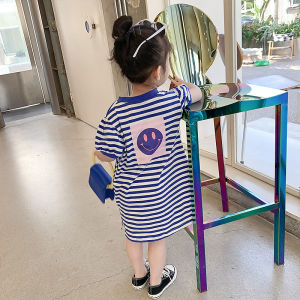 Girls Summer Stripe T-Shirt Dress Korean Style Loose Childrens Fashion Short Sleeve Midi Skirt Bubble Sleeve round Neck Dress