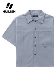 HUILISHI Men Solid White Cargo Short Sleeve Shirts Lapel Collar Metal Buckle Decor Chest Pocket Loose Cropped Casual Summer Overshirt