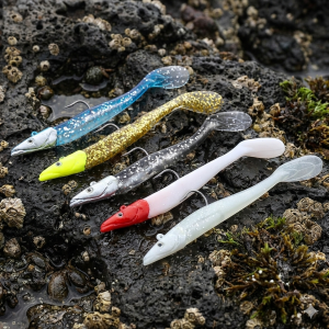 5pcs 11cm 19g Jig Head Soft Lure Long Casting Silicone Shad Bait T-Tail Artificial Swimbait for Sea Bass Walleye Fishing
