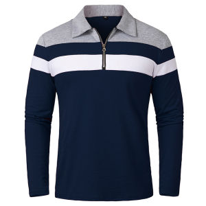 Mens Long Sleeve Striped Polo Shirts 1/4 Zip Cotton Patchwork Collared Shirt Casual Fashion Pullover Slim Fit Golf Shirt