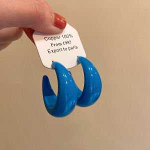 Retro Hong Kong Style Blue C-Shaped Earrings Womens Fashion Exaggerated Studs Elegant Fashion Jewelry Ear Decorations