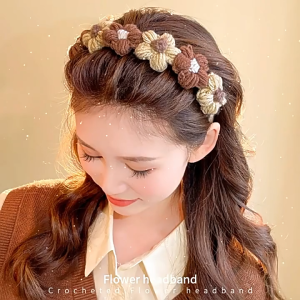 Hand Knit Flower Headband 🎀 甜美奶咖色针织发箍 Getah Rambut Gaya Perancis Elegan Coffee Hair Band Headwear Cute Hair Accessories
