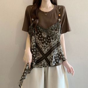 Áo Thun Blouse In Hình Retro 2 Mảnh Giúp Gầy Dành cho Phụ Nữ Size Lớn