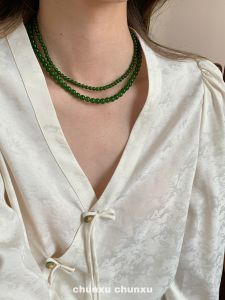 High-End Green Agate Emerald round Beads Necklace Collarbone Chain New Chinese Style National Trend White Enhancing Fashion Jewelry
