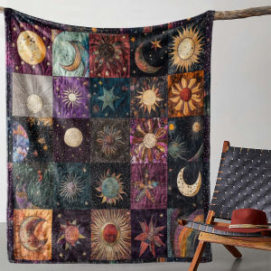 VIKAMA Boho Sun Moon Stars Patchwork Blanket Comfortable And Soft Travel Cover Blanket Bedroom Living Room  Custom Blanket