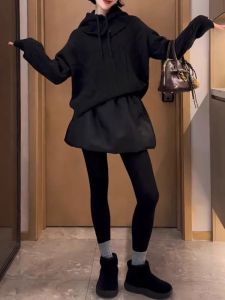 Black Cotton Ruffle Half Skirt Womens Autumn Winter New Elastic Waist Loose Slimming Versatile Small Size A-Line Short Skirt