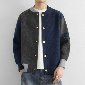 Knit Cardigan Coat Mens Spring Autumn Loose Retro Design Color Block Sweater