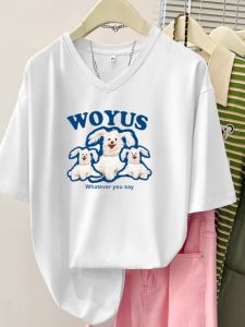 Áo Thun Cotton Cổ Chữ V in Họa Tiết Mùa Hè 2024 Dáng Rộng Thoải Mái Tay Ngắn Màu Trắng Cho Nữ