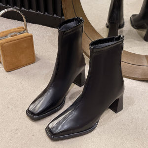 Giày Bốt Cao Gót Ngắn Thời Trang Nữ Mùa Xuân Thu Đế Dày Kiểu Pháp Cổ Ngắn Khóa Kéo Mũi Vuông Co Giãn