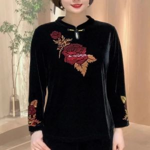 Velvet Chinese Style Cheongsam Top Long Sleeve Rose Rhinestone Embellished Buttoned Base Shirt for Stylish Momma Retro Wind