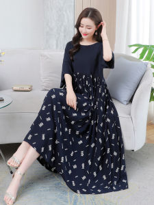 plus Size Loose Cotton Silk Dress Midi Length A-Line Skirt Style Summer Dresses for Middle-Aged And Elderly Women