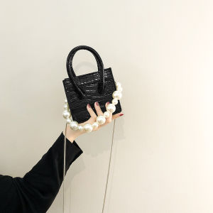 Fashionable Pearl Chain Handbag Womens Mini Crossbody Bag Summer 2025 Trendy Design PU Leather Magnetic Buckle Closure