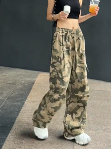 MANMI | Quần Tây Rộng Phong Cách Camo Thắt Dây Cao