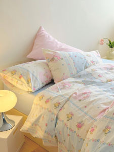  Cotton Rabbit Floral Bedding Set 4-Piece Student Pure Cotton Duvet Cover Small Vintage Countryside Style Cartoon Design
