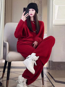 Red Knitted Sweater And Wide Leg Pants Two Piece Set Womens Fashionable Autumn Winter Outfit Polyester Fiber 100% New Years Clothing
