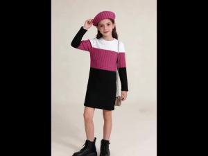 Autumn And Winter Color Blocked Knitted Dress For Girls Slim Fit Temperament Mid Length Skirt With Hat Included
