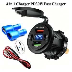 QC 3.0 30W Dual USB Car Charger Socket With Voltmeter Switch For 12V/24V Motorcycle ATV Boat Truck