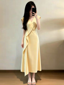 LIRENQING | Đầm Maxi Vòng Cổ V Elegent Giúp Gọn Người Màu Vàng