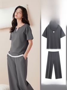 MiiOW | Pure Cotton Sleepwear Womens Summer Short Sleeve Long Pants Set Breathable Comfortable Home Clothes Outdoor Wearable Nightgown