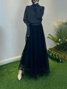 Long Mesh Half Skirt Sequin Splicing Puffy Versatile High Waist Maxi Skirt Commute Style Solid Color Polyester Fiber