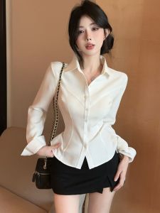 GUZILIAN | Áo thun cổ polo màu trắng dài tay ôm vừa vặn gợi cảm cho nữ mùa xuân thu phong cách Hàn Quốc thiết kế áo polo cổ polo